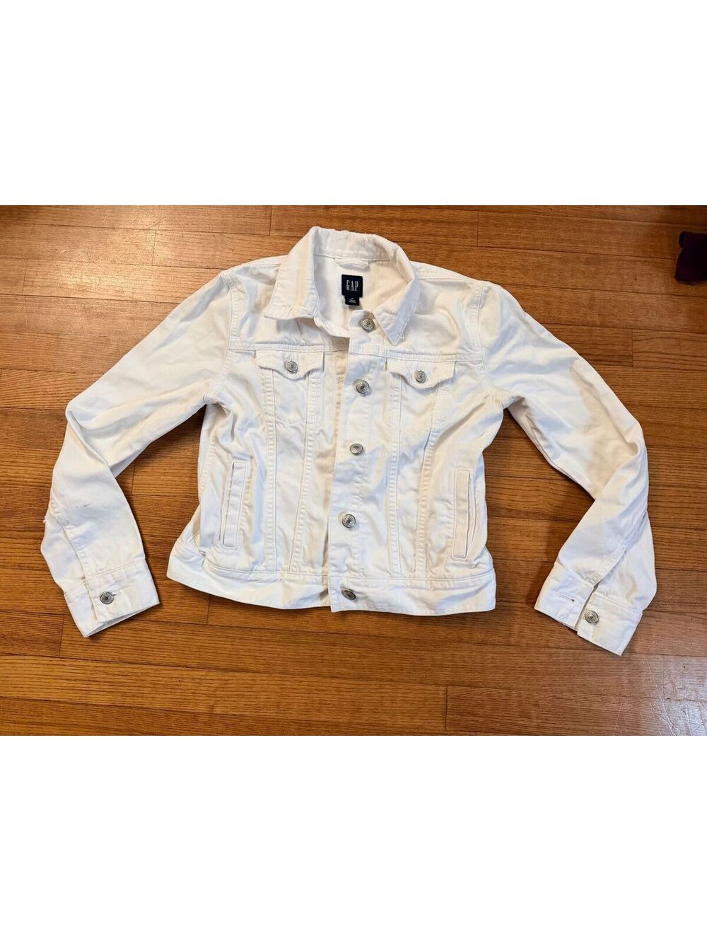 GAP distressed white button denim jean jacket women's Medium fall spring READ